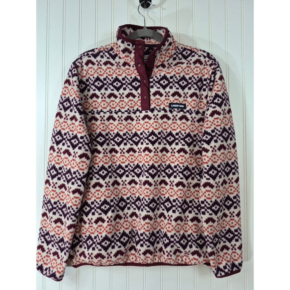 Lands End Womens M 10-12 Fleece Pullover Fair Isle Snap Neck Burgundy Coral
